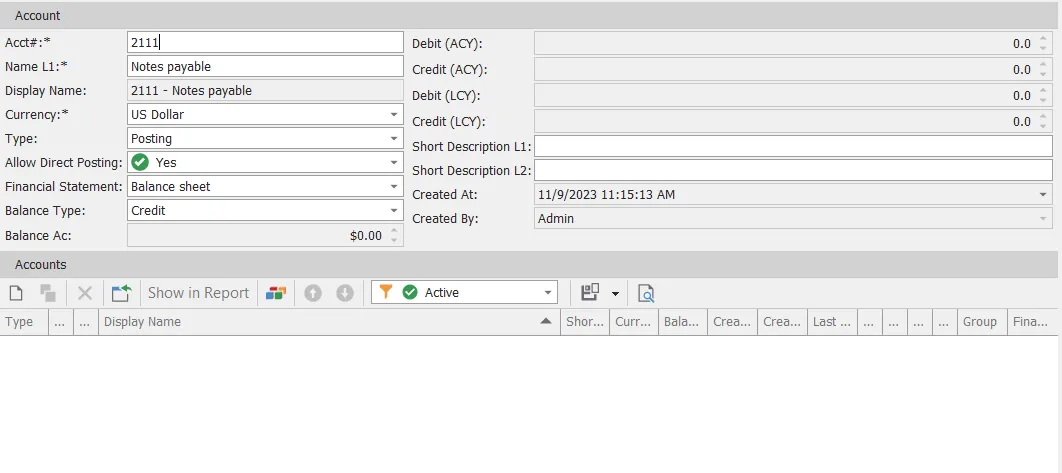 account detail screen