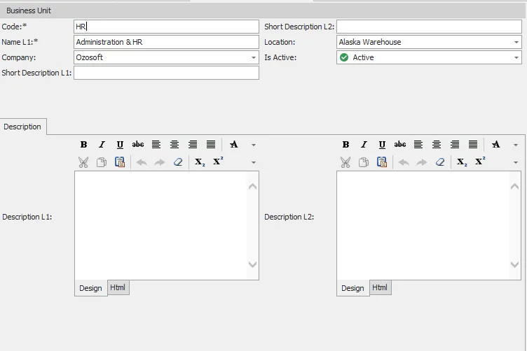 business unit detail screen