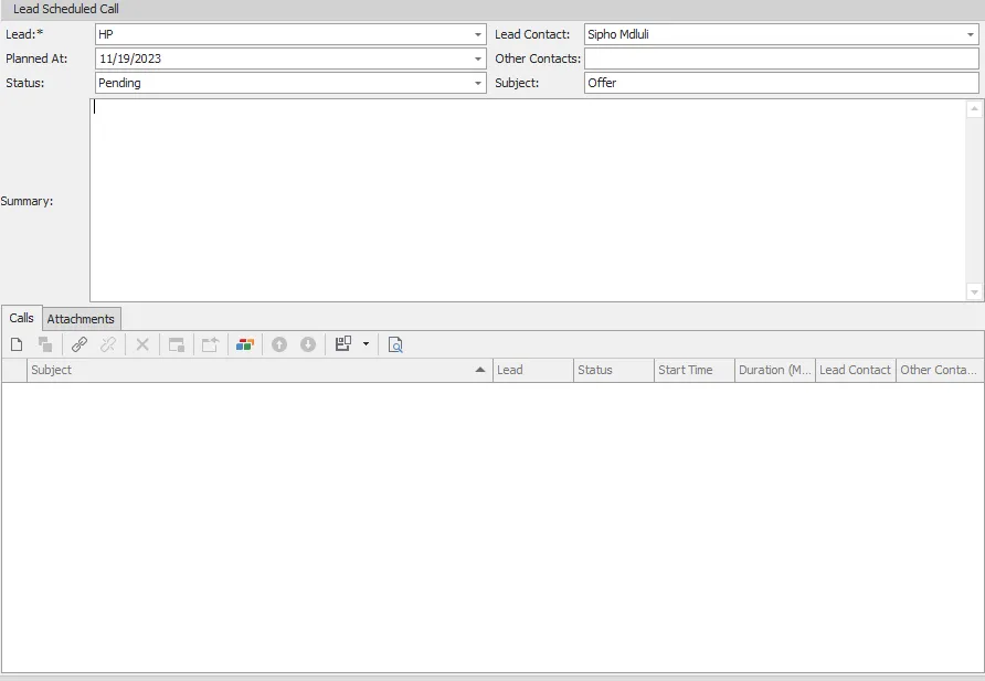 lead scheduled call detail screen