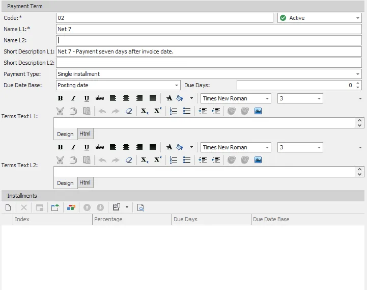payment term detail screen